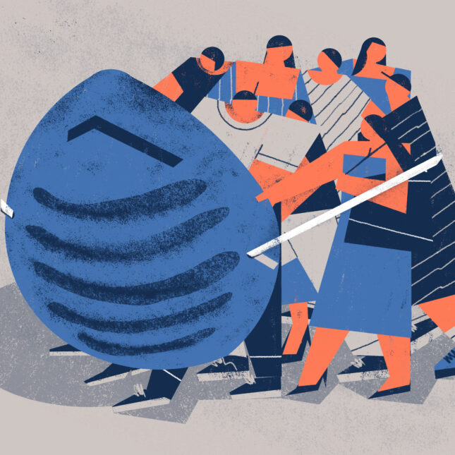 Illustration of a crowd of people protected by a large face mask.