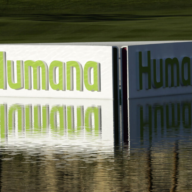 A Humana logo is seen in a lake on the Palmer Private Course at PGA West